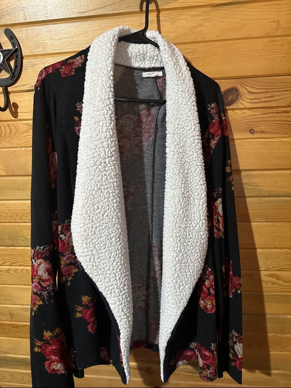 Maurices Black Floral Cardigan with White Sherpa Collar